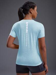 Powerista Letter Graphic Sports Tee Gym Women Shirts - Baby Blue - View 3