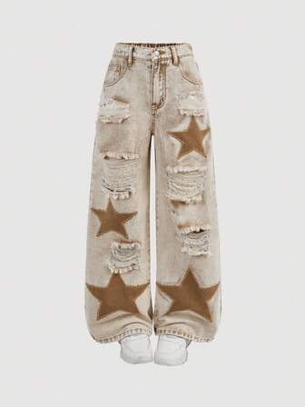 SHEIN Girlism Jeans boyfriend à jambes larges, style Y2K grunge punk, avec déchirures et patchs d'étoiles, coupe ample, couleurs contrastées. Idéal pour l'école et le streetwear