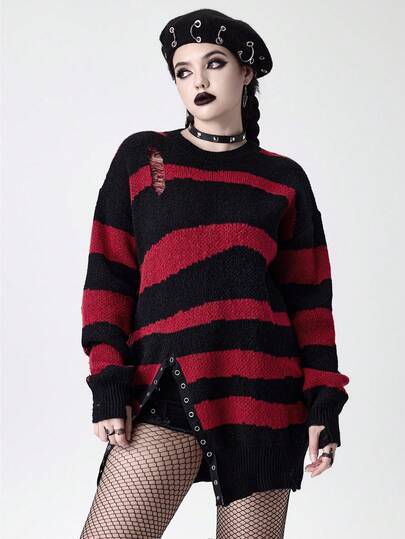 Halloween Punk Grunge Gothic Trash Rock Oversized Distressed Striped Knit Sweater Top, Black & Red