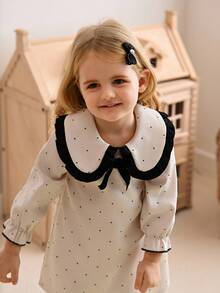 SHEIN 黑白撞色女婴荷叶边领蝴蝶结波点印花长裙，甜美优雅秋冬户外装 - 彩色 - 查看 1