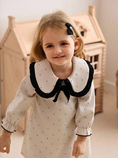 SHEIN Svart & vit kontrastfärgad babyflickaklänning med volangkrage och rosett och prickigt tryck, söt och elegant utomhusklänning för höst/vinter