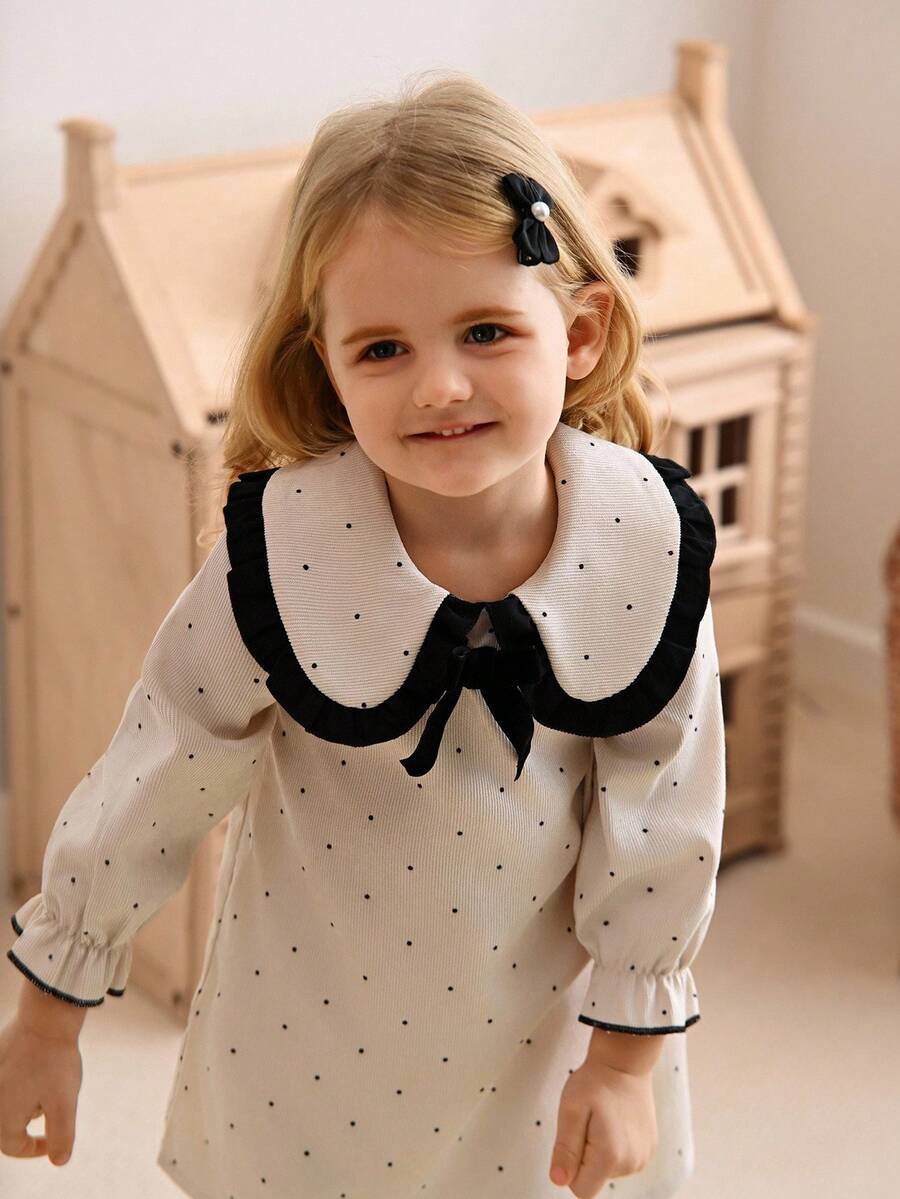 SHEIN 黑白撞色女婴荷叶边领蝴蝶结波点印花长裙，甜美优雅秋冬户外装 - 彩色 - 查看 1