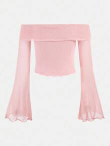 SHEIN 青少年女孩休闲简约露肩短款喇叭长袖 T 恤 - 淺粉色 - 查看 2