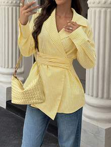 SHEIN LUNE Chemisier rayé à manches longues et ourlet asymétrique pour femme, col à revers à la mode - Jaune citron - Voir 1