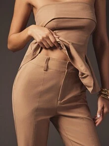 Hauture Formal Old Money Office Business Two Piece Fold Over Bust Pleated Peplum Top Long Flare Pants - Khaki - View 4