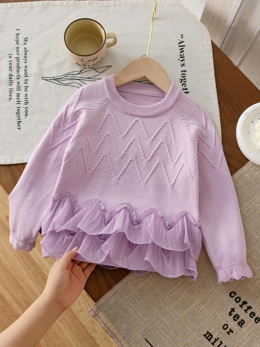 SHEIN Vintaside Kids 年轻女孩优雅针织毛衣,丝绸花边,柔软纱线,适合日常休闲穿着,适合家庭聚会、万圣节、新年、感恩节、圣诞节 - 紫色 - 查看 1