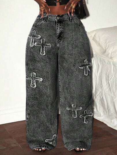 Slaydiva Pantalones vaqueros rectos holgados de talla grande para mujer, pantalones rectos azules de tiro bajo y holgados