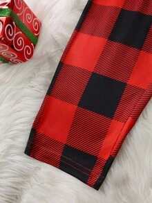 2 件套女童幼儿格子蝴蝶结心形休闲舒适长袖上衣和裤子睡衣套装 - 紅色 - 查看 5