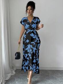 Lyxana Women's Floral Print Overlap V-Neck Flutter Sleeve Elegant Dress, Vacation - Multicolor - View 3