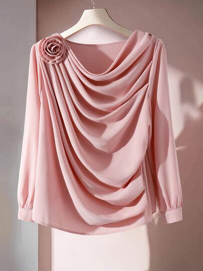 GlowEve CURVE 加大码女式碎花垂坠领优雅甜美派对日常长袖衬衫