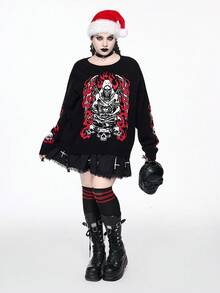 ROMWE Gothic Christmas Holiday Skull & Demon Pattern Jacquard Knit Plus Size Sweater For Women - Multicolor - View 9