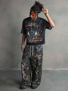 AXEPEAK High Street Fashion Jungle Dead Leaf Print Eye Of Terror Men's Loose Fit T-Shirt Set Two Pieces - Multicolor - View 6