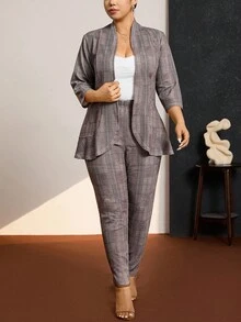 Comfylo 大码女式两件套格子印花休闲工作服西装外套和裤子套装，秋冬感恩节装扮节日装 - 彩色 - 查看 5