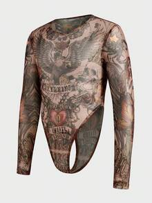 FeverCity Men Tight-Fitting Long Sleeve Printed Bodysuit, Fall - Khaki - View 1