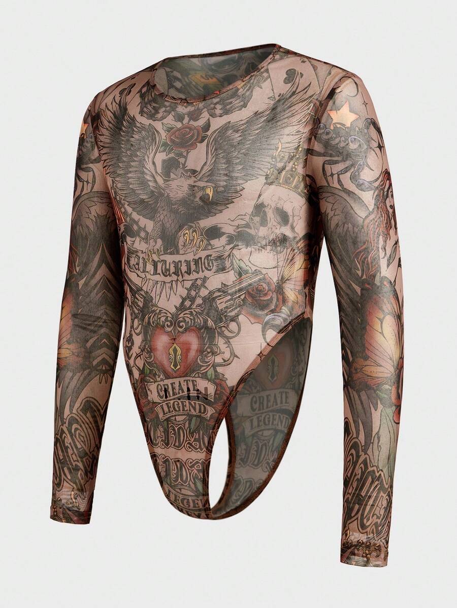 FeverCity Men Tight-Fitting Long Sleeve Printed Bodysuit, Fall - Khaki - View 1