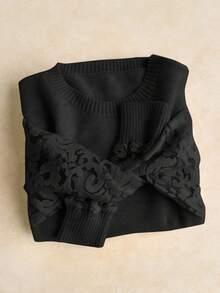 Elaquor Plus Size Casual Elegant Versatile Mesh Patchwork Pullover Sweater, Autumn/Winter - Black - View 5