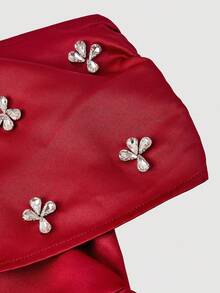 SHEIN MOD 女士优雅水钻褶饰露肩迷你连衣裙，夏季 - 紅色 - 查看 4