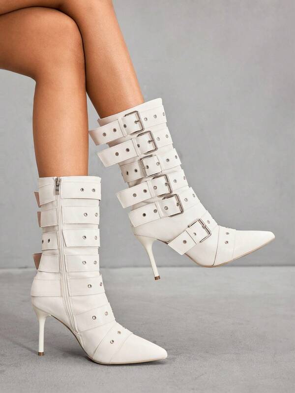 CUCCOO SZL Women's Pointed Toe Stiletto High Heel Boots, White PU Upper With Silver Eyelets Decor, Fashionable, Comfortable For Party And Nightclub