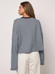 SHEIN BAE Casual Everyday Contrast Stripe Loose Fit Drop Shoulder T-Shirt Striped Top Striped Oversized Striped Top Stripe Long Sleeve Striped Striped Striped Long Sleeve Top,Fall Tops, Spring/Autumn,Going Out Tops, Simple Tops, Fashion Tops,,T Shirts Women,Oversized T Shirt,Old Money Style Women