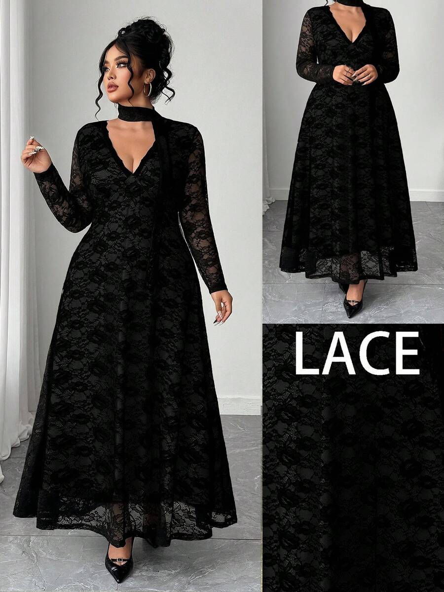 Elenzga 大码女式优雅法式性感修身V领蕾丝边长袖紧身蕾丝连衣裙 - 黑色 - 查看 1