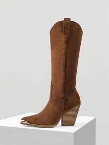 MOTF 女士复古V领麂皮粗跟长靴，冬季新品 - 棕色 - 查看 2