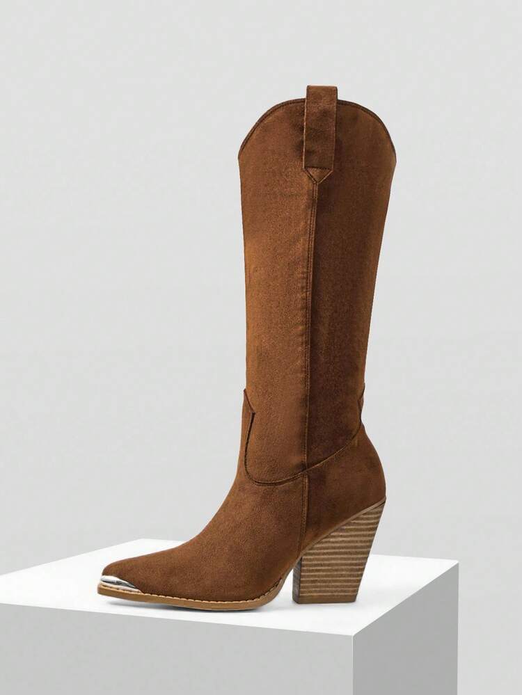 BOTAS ALTAS DE MUJER DE TACÓN GRUESO DE ANTE VINTAGE CON ESCOTE EN V, NUEVA LLEGADA DE INVIERNO