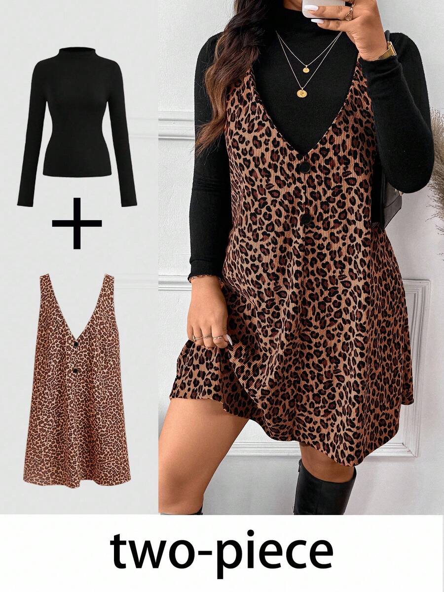 SHEIN Frenchy 2件套大码女式豹纹V领连衣裙和黑色立领长袖上衣 - 棕色 - 查看 1