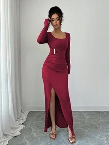 Elenzga 女式优雅高端方领长袖腰部金属扣褶饰腰部修身不对称下摆派对中长连衣裙，秋季 - 紅色 - 查看 4