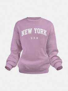 SHEIN Girlism Set de sudadera y pantalón de chándal con estampado de letras de ajuste holgado y cuello redondo para niñas preadolescentes, 2 piezas - Púrpura polvoriento - Ver 12