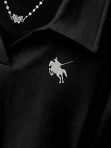 SHEIN 女式休闲骑士印花翻领修身长袖 T 恤 - 黑色 - 查看 4
