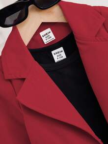 SHEIN Conjunto de moda elegante para niña bebé de 3 piezas en rojo y negro, chaqueta de traje con solapa de manga larga, chaleco negro y shorts ajustados, atuendo para fiesta, uso diario y viajes de otoño - Rojo - Ver 8