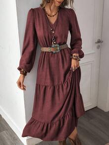 LanaWest 女式秋季波西米亚休闲度假风格锈棕色设计V领长袖拼布连衣裙 - 中紫紅色 - 查看 7