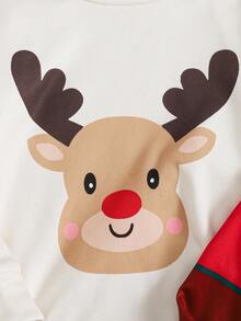 Playful Pals 4pcs/Set Crew Neck Long Sleeve Elastic Waist Pants Two Pieces Set,Red Stripe Santa Claus Pattern,Beige Deer Print,White,Winter,Traditional,Wedding - Multicolor - View 7
