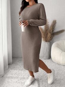 SHEIN Frenchy Plus Size Women's Casual Everyday Commute Simple Solid Color Ribbed Slit Hem Fitted Dress, Spring/Autumn Ribbed Dress Long Sleeve Long Dress - Coffee Brown - View 1