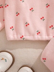 Souflis Souflis Baby Girl Pink Cherry Print Fleece Half Zip Sweatshirt Pants Set, Infant Fall Winter 2Pcs Outfit, Toddler Cute Cozy Clothes - Pink - View 5