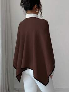 Elenzga 女士新款秋冬单件时尚披肩领开衩斗篷轻薄奢华休闲日常开衫毛衣 - 咖啡棕 - 查看 2