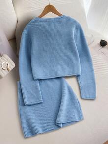 2件套女童毛衣开衫和裙子套装，不对称手工装饰纽扣开衫，度假休闲装，女童罗纹长袖上衣和裙子，欧美新款，秋冬 - 藍色 - 查看 2