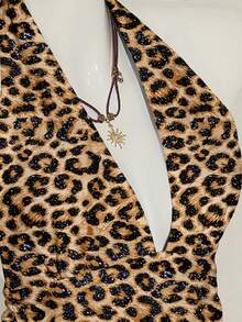 SHEIN ICON 女士休闲露背深V领豹纹裹背衬衫，夜店装扮，性感、千禧一代、垃圾摇滚、哥特、朋克和美学风格。返校节、夜店装扮、派对、复古风、派对、嘻哈风 - 彩色 - 查看 5