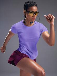 Powerista Solid Curved Hem Sports Tee Compression Shirt Gym Women Shirts - Lilac Purple - View 2