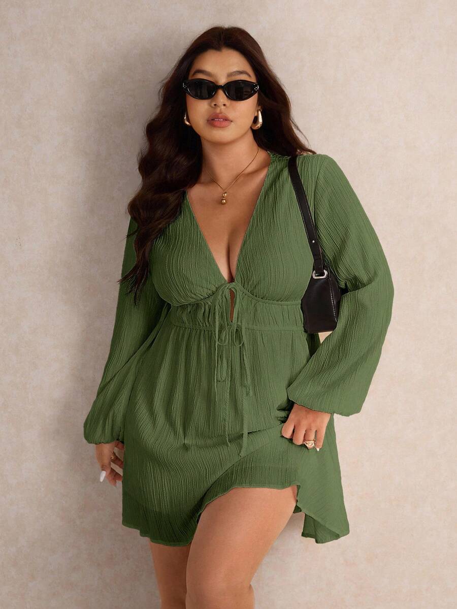 Elaquor 大码休闲通勤纯色灯笼袖连衣裙 - 軍綠色 - 查看 1