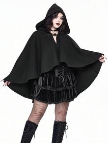 ROMWE Goth Gothic Style Hooded Long Cloak Woolen Coat For Women