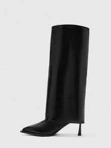 CUCCOO BIZCHIC ​​Glossy Pointed Knee-High Boots | Unique Sculpted Heel | Folded Boot Cuff | Minimalist Women's Boots | 2 Pairs, Premium Faux Leather​​ - Black - View 9