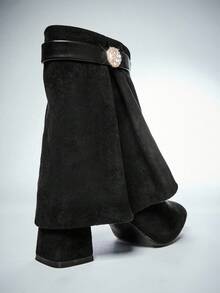 Solezae Women's Glamorous Point Toe Chunky Heel Mid-Calf Faux Suede Fold Over Boots - Black - View 8