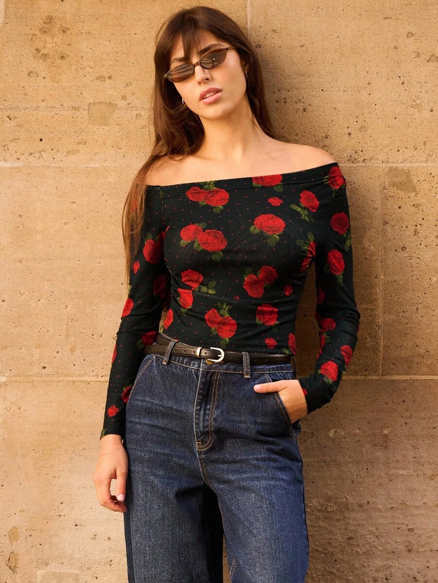 lacRébo 黑色花卉印花网眼露肩长袖修身上衣秋季女装秋季服装 - 黑色 - 查看 1