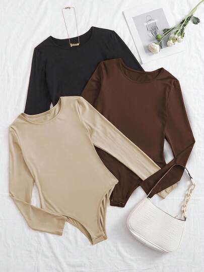SHEIN Tall Elegant And Versatile Round Neck Right Shoulder Long Sleeve 3-Piece Solid Color Women's Autumn Bodysuit (3 Colors) Women's Winter Brown Black Chic Women's Bodysuit