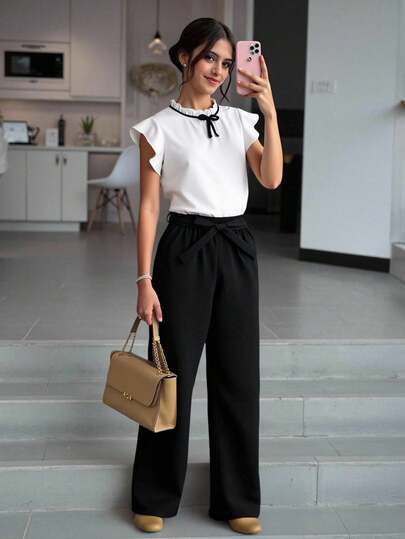 SHEIN Teen Girl Casual Ruffle Trim Round Neck Top With Bow Decor And Casual Long Pants 2-Piece Set