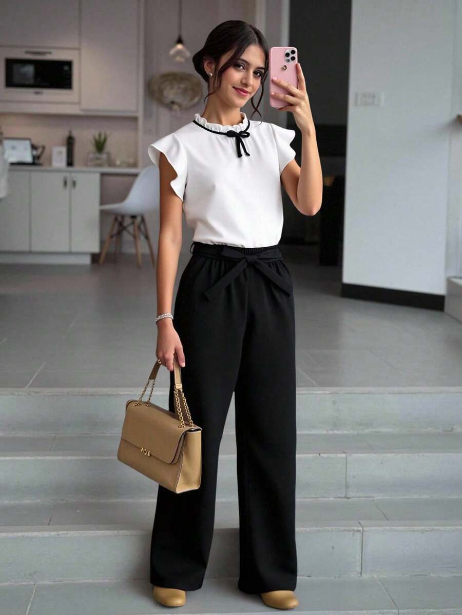 SHEIN Teen Girl Casual Ruffle Trim Round Neck Top With Bow Decor And Casual Long Pants 2-Piece Set - Black - View 1