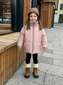 女童宽松拉链立领棉衣，粉色 - 粉色 - 查看 3