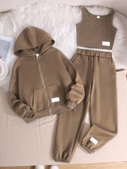 SHEIN 3 件套青少年女孩休闲纯色针织连帽运动衫、运动衫、无袖背心和慢跑裤套装