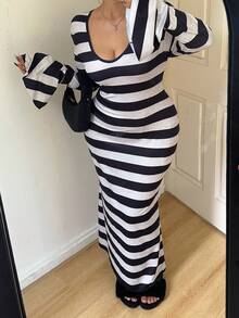 Flirla 大码女式条纹印花深V领长袖派对连衣裙 - 黑與白 - 查看 5